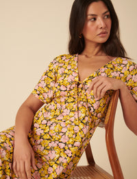 Yellow Floral Frill Sleeve Dalia Midi Dress