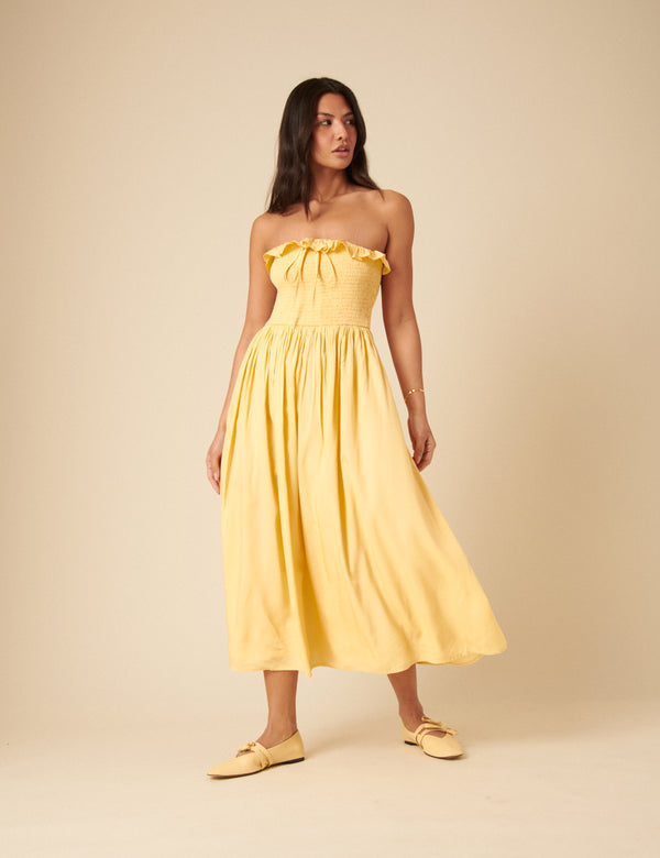Butter Yellow Bandeau Bela Midi Dress