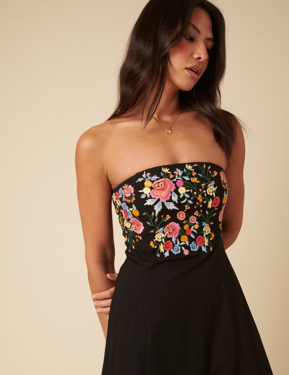 Melissa Bandeau Midi Dress Black Floral Embroidered Bandeau