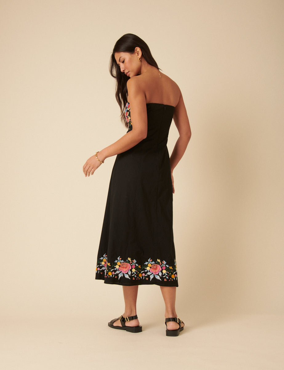 Black Floral Embroidered Bandeau Alpha Midi Dress
