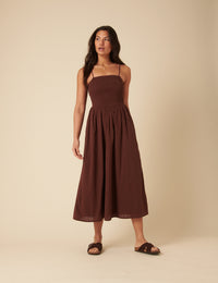 Brown Ruched Drop Waist Imogen Midi Dress