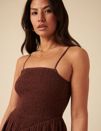 Brown Ruched Drop Waist Imogen Midi Dress