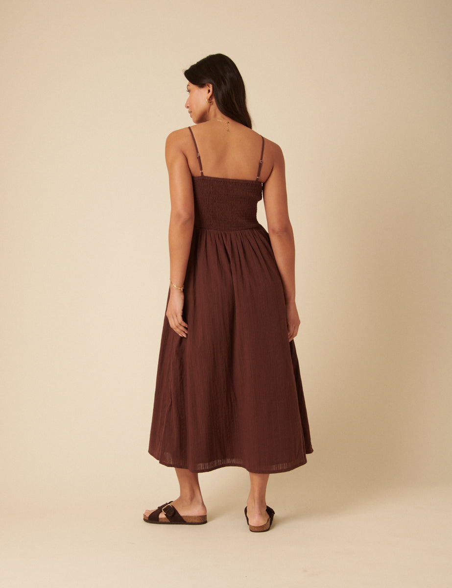 Brown Ruched Drop Waist Imogen Midi Dress