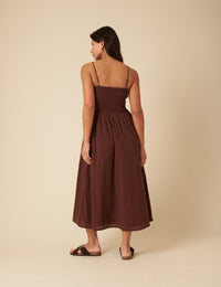 Brown Ruched Drop Waist Imogen Midi Dress