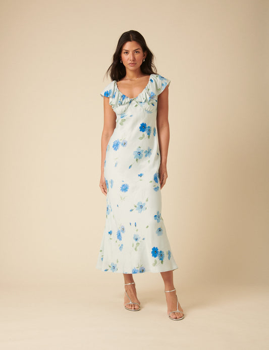 Image of Blue Watercolour Floral Abelia Midi Dress