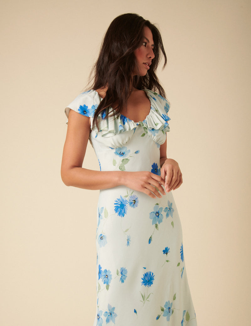 Blue Watercolour Floral Abelia Midi Dress
