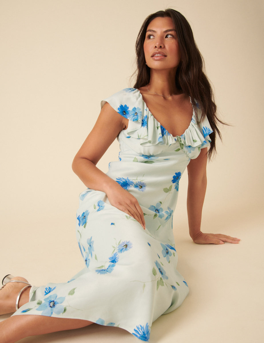 Blue Watercolour Floral Abelia Midi Dress