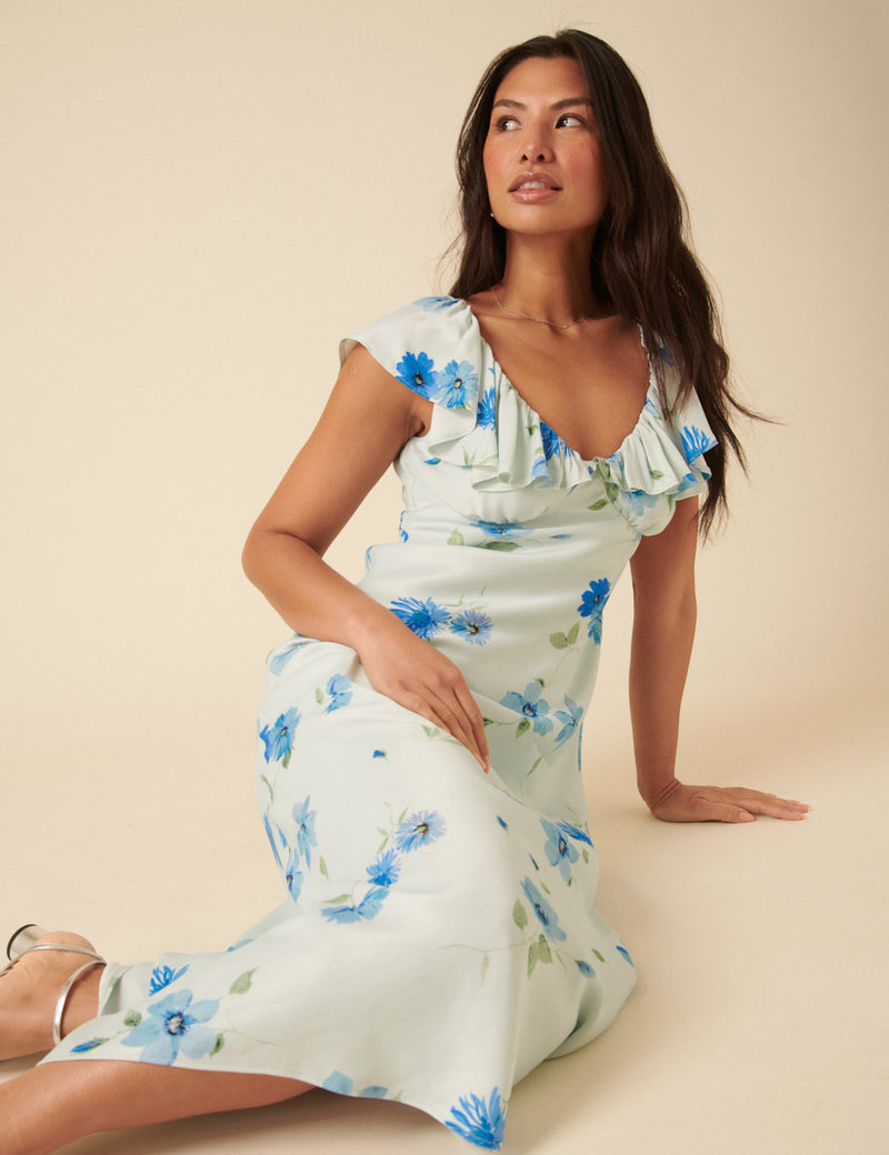 Blue Watercolour Floral Abelia Midi Dress