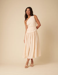 Cream One Shoulder Drop Waist Trent Midi Dress