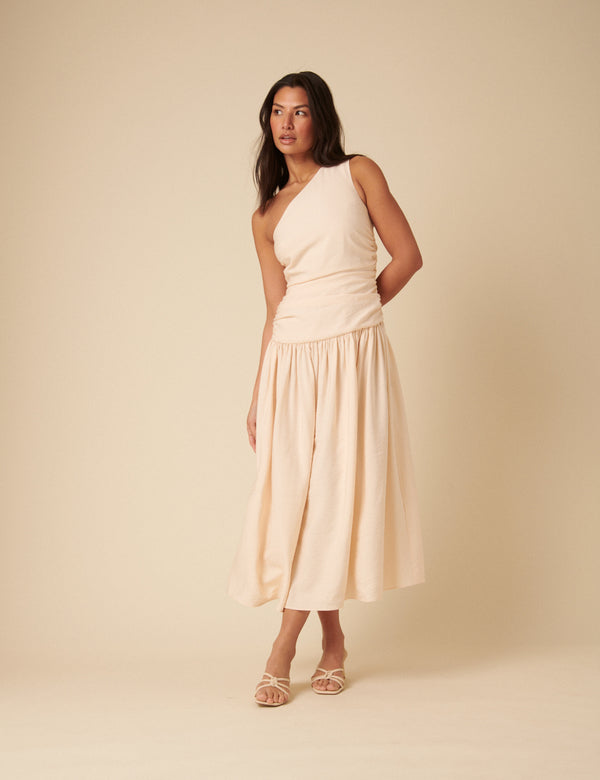 Cream One Shoulder Drop Waist Trent Midi Dress