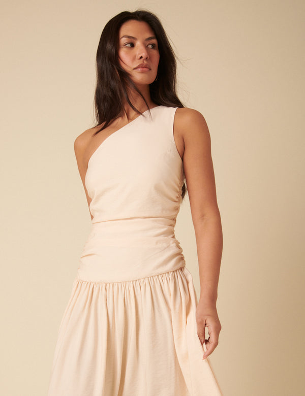 Cream One Shoulder Drop Waist Trent Midi Dress