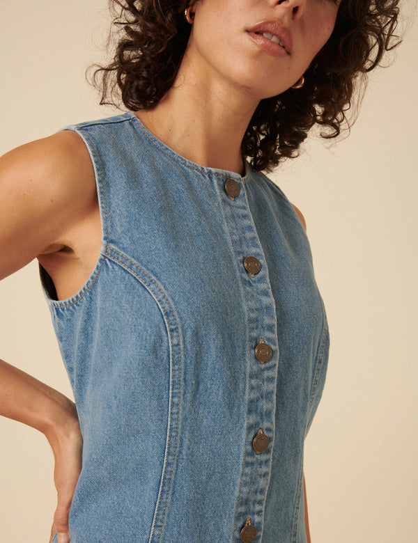 Light Blue Denim Ned Pinafore Mini Dress