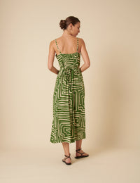 Green Linen-blend Abstract Maddy Midi Dress