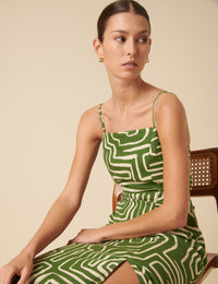 Green Linen-blend Abstract Maddy Midi Dress