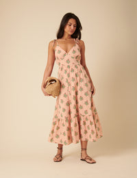 Pink Floral Printed Bellerose Midi Dress