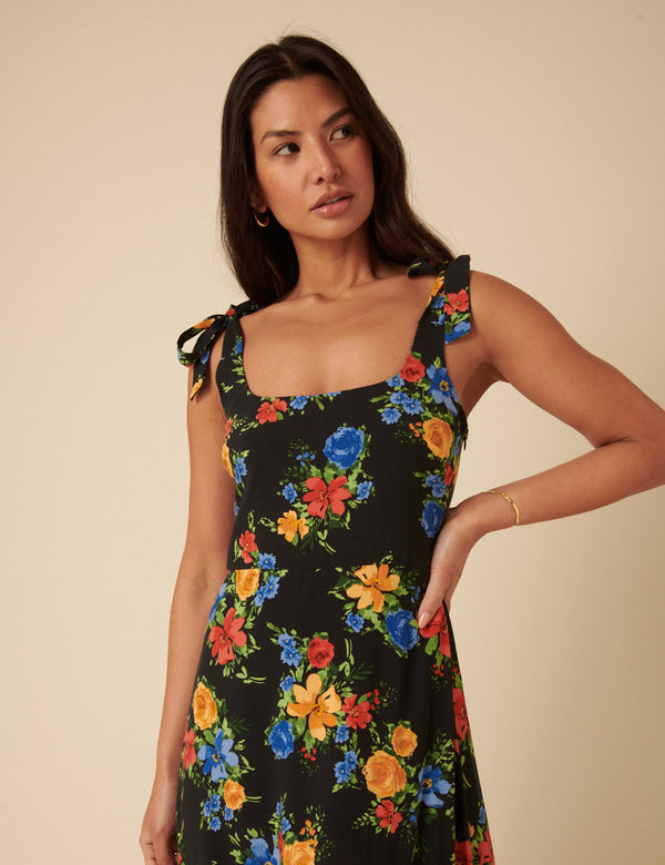 Black Floral Adrian Midi Dress