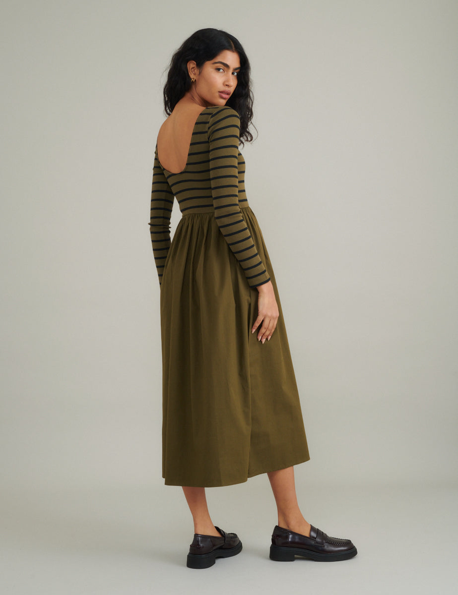 Green Striped Long Sleeve A-Line Penni Midi Dress Green Striped Long Sleeve A-Line Penni Midi Dress