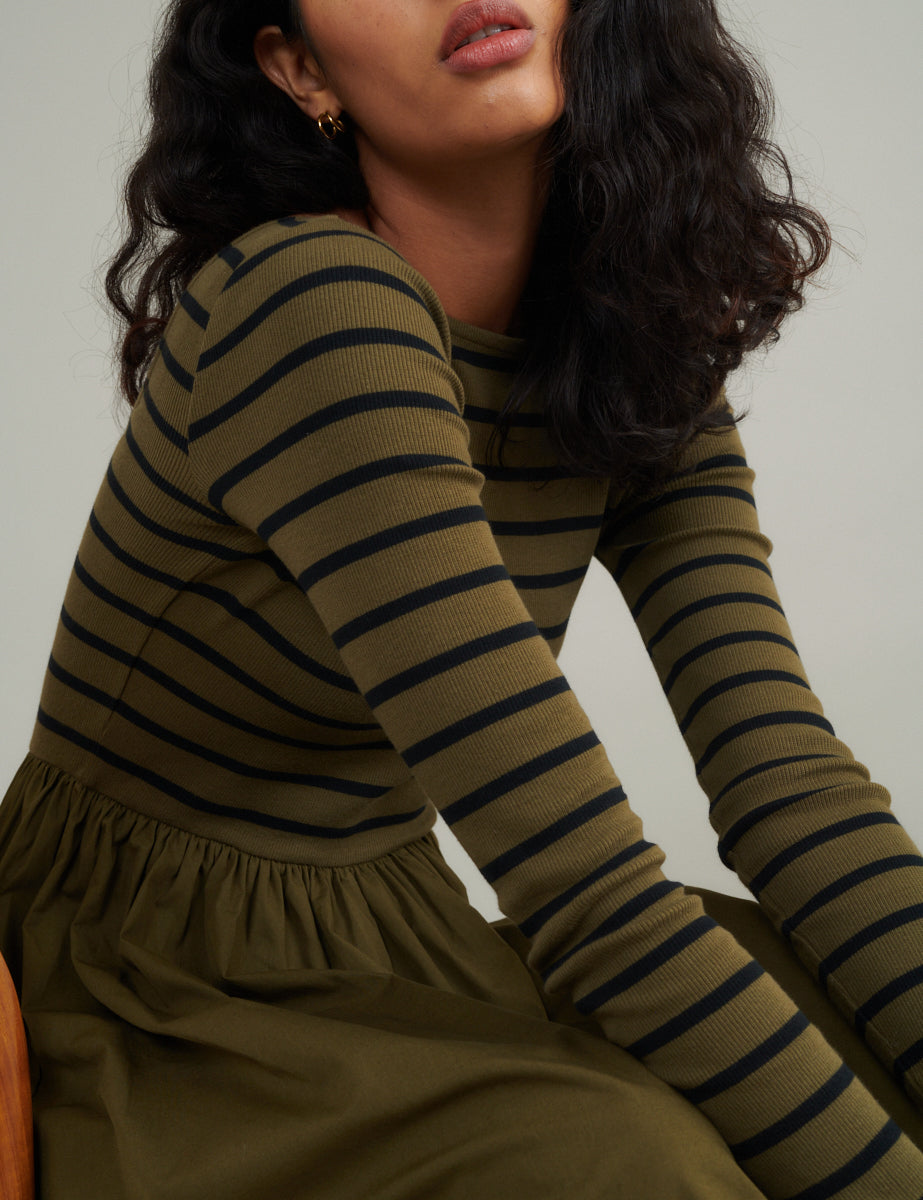 Green Striped Long Sleeve A-Line Penni Midi Dress Green Striped Long Sleeve A-Line Penni Midi Dress