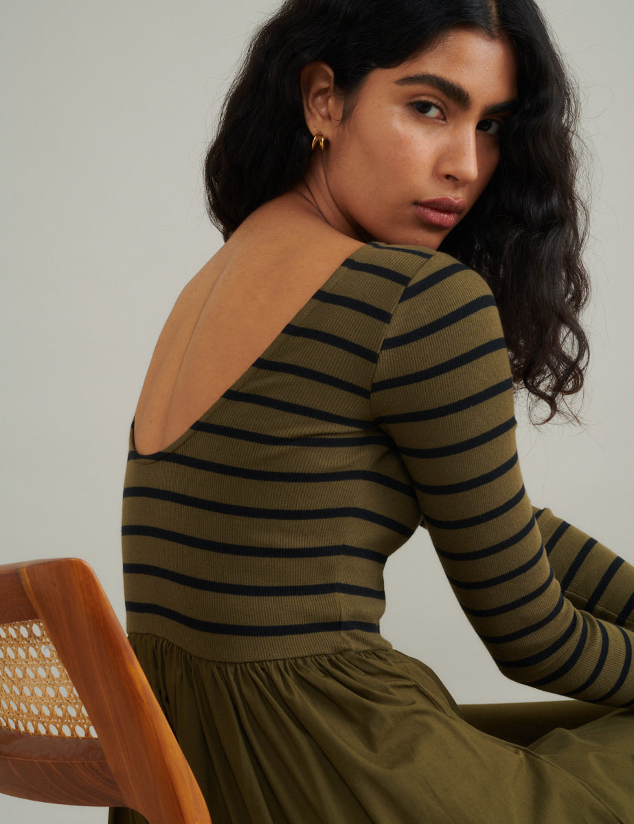 Green Striped Long Sleeve A-Line Penni Midi Dress Green Striped Long Sleeve A-Line Penni Midi Dress