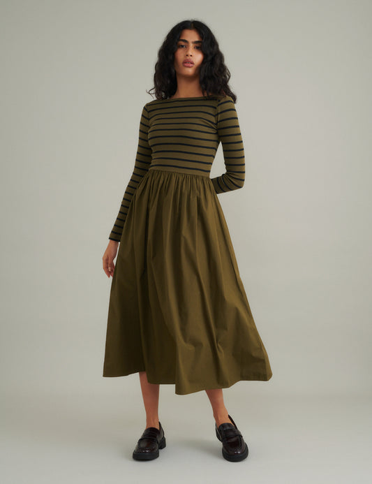 Green Striped Long Sleeve A-Line Penni Midi Dress Green Striped Long Sleeve A-Line Penni Midi Dress