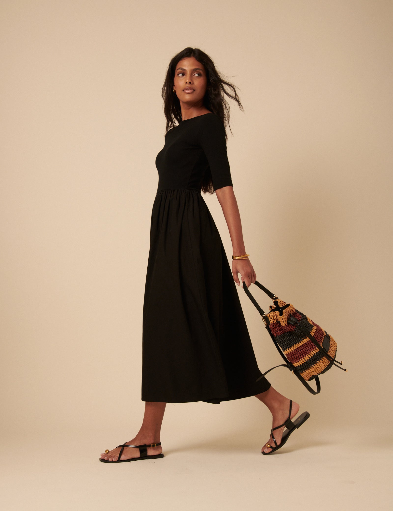 Black Cropped Sleeve A-Line Penni Midi Dress