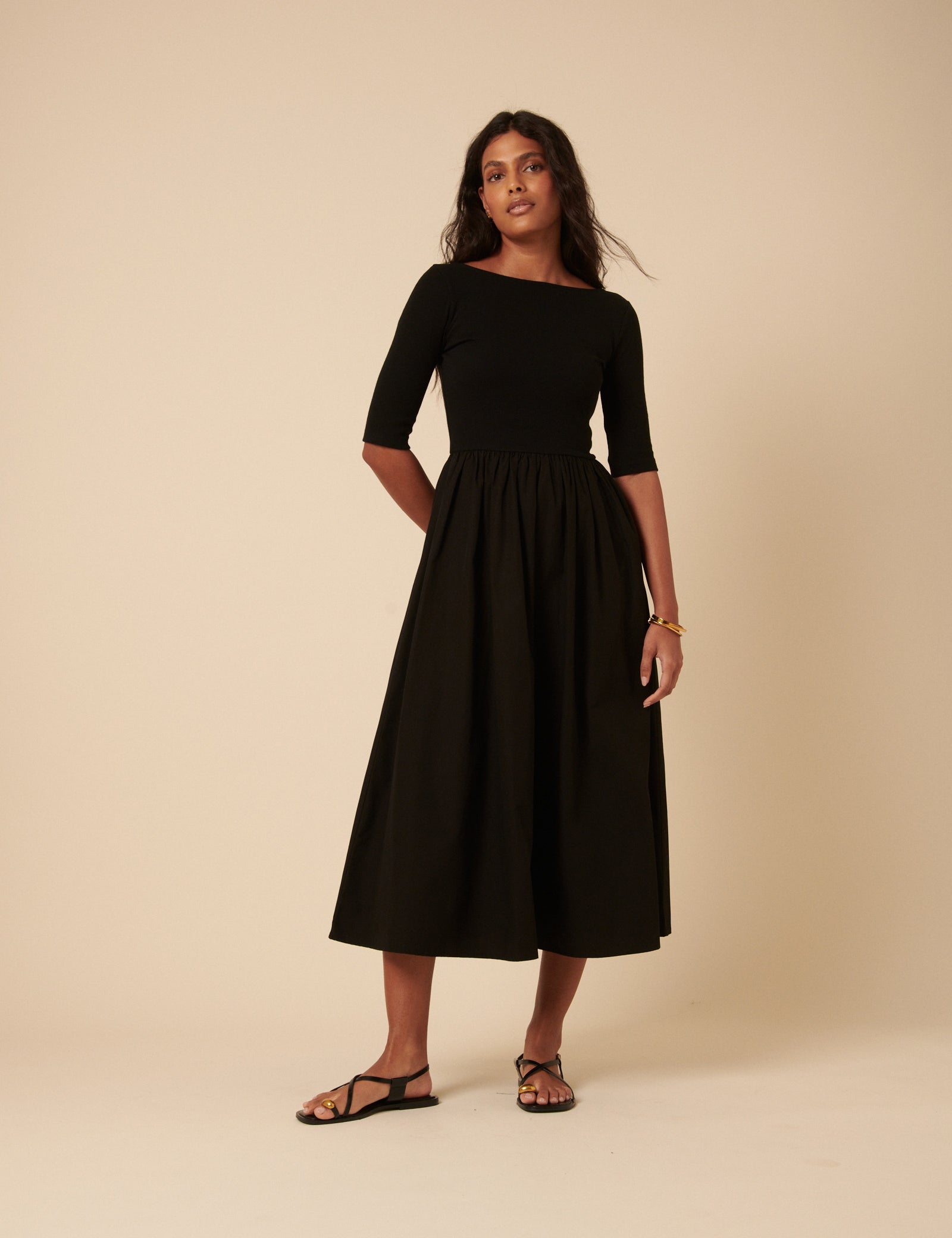 Black Cropped Sleeve A-Line Penni Midi Dress