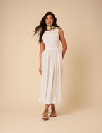 White Shirred Bodice Billie Midi Jersey Dress
