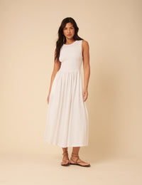 White Shirred Bodice Billie Midi Dress