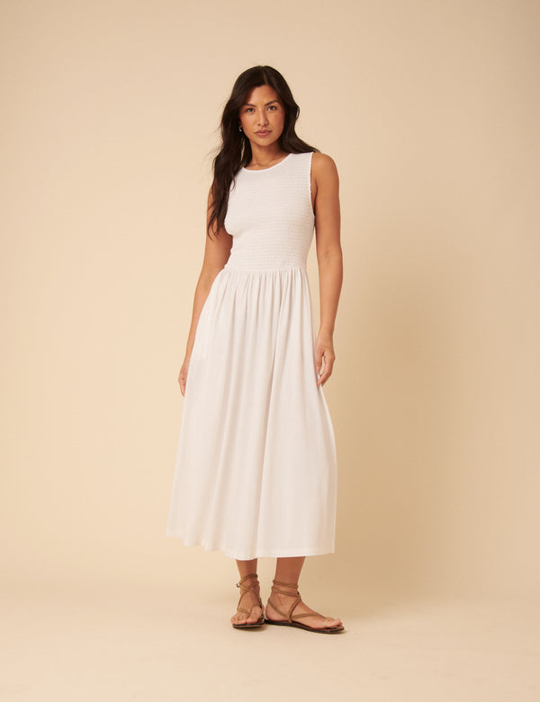 White Shirred Bodice Billie Midi Dress