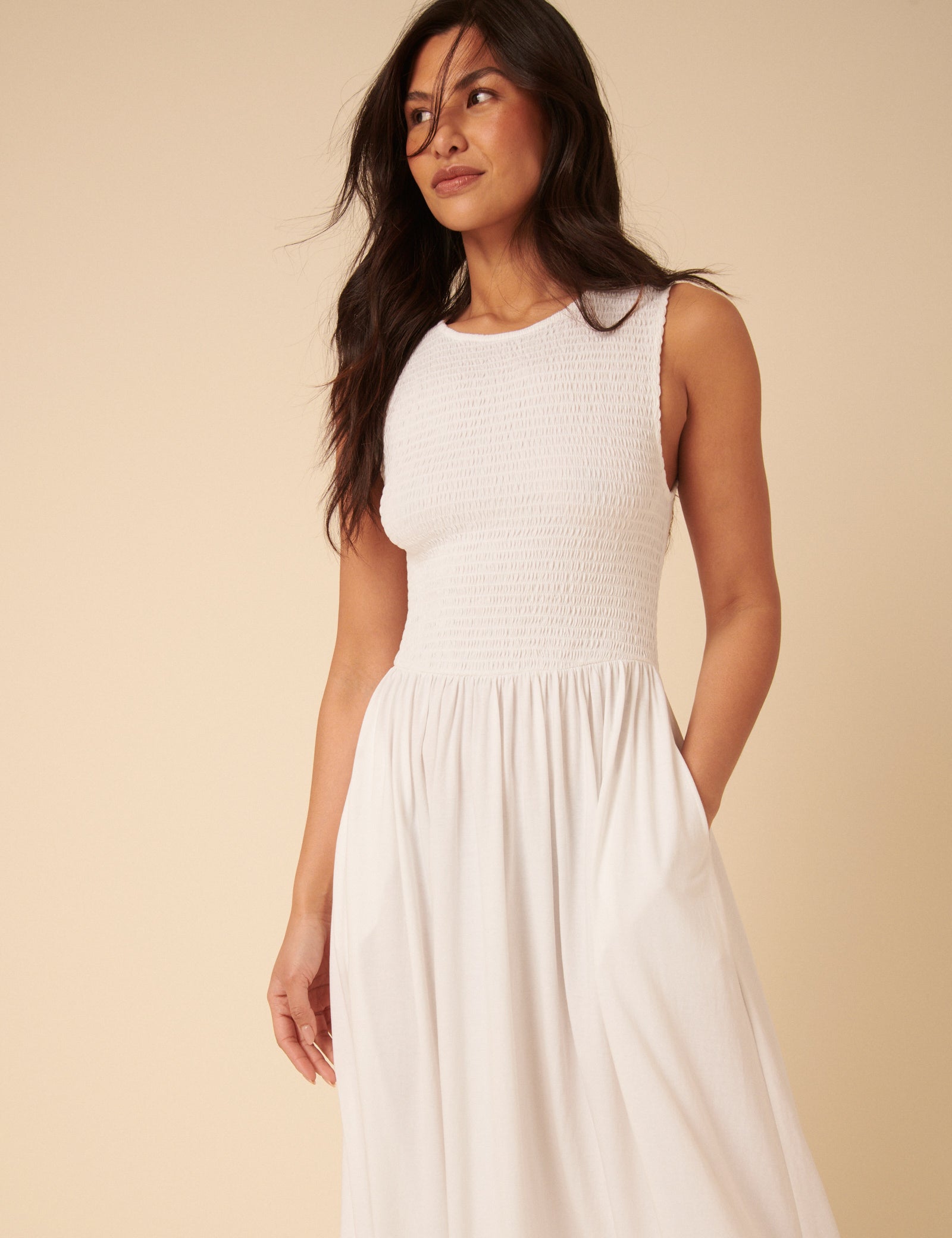 shirred white midi dress Smith Shirred Bodice Midi Dress White