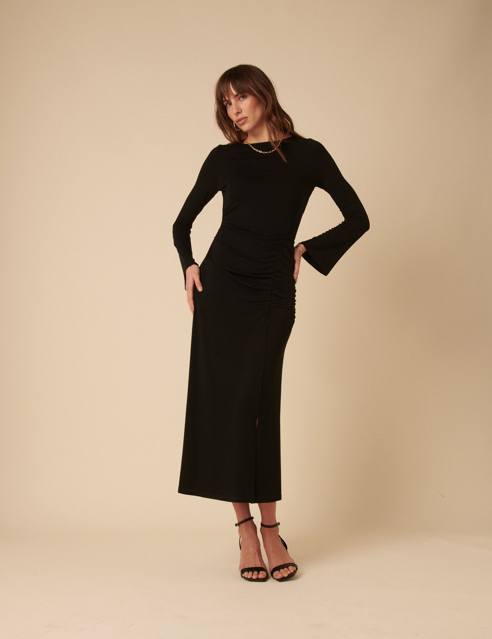 Black Long Sleeve Ruched Belle Midi Dress Black Long Sleeve Ruched Belle Midi Dress