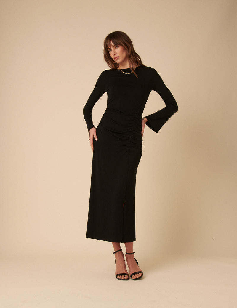 Black Long Sleeve Ruched Belle Midi Dress