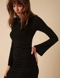 Black Long Sleeve Ruched Belle Midi Dress
