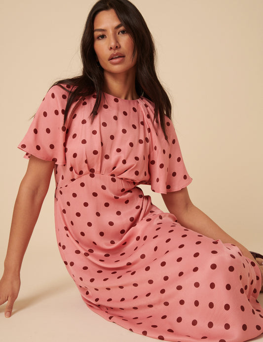 chinese dress ladies Pink Polka Dot Madeira Midi Dress