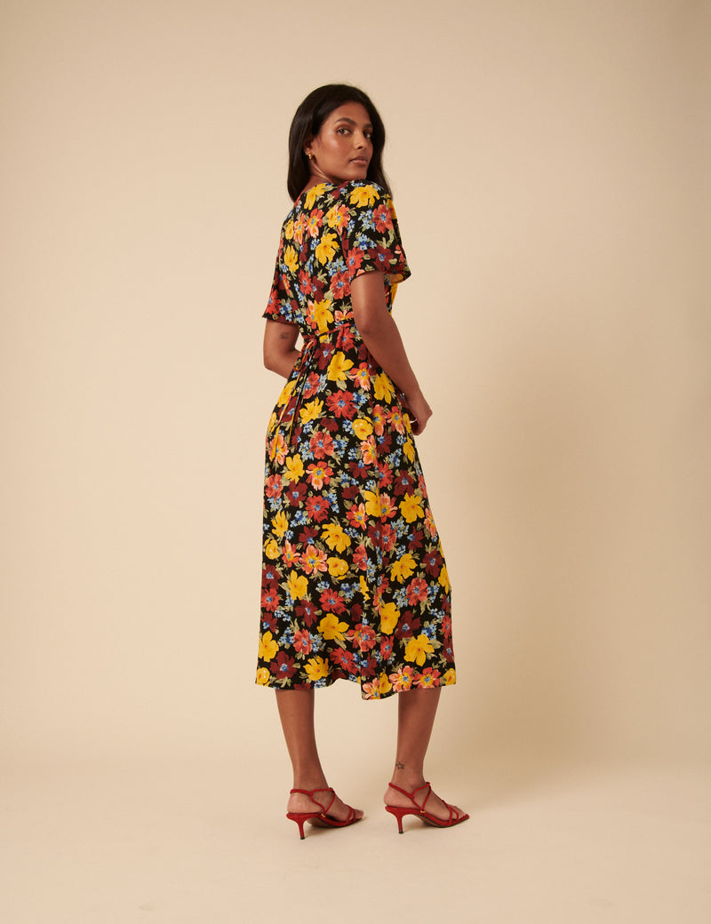 Black Floral Anna Midi Dress