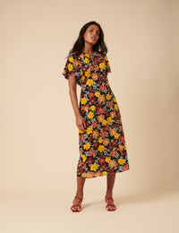 Black Floral Anna Midi Dress