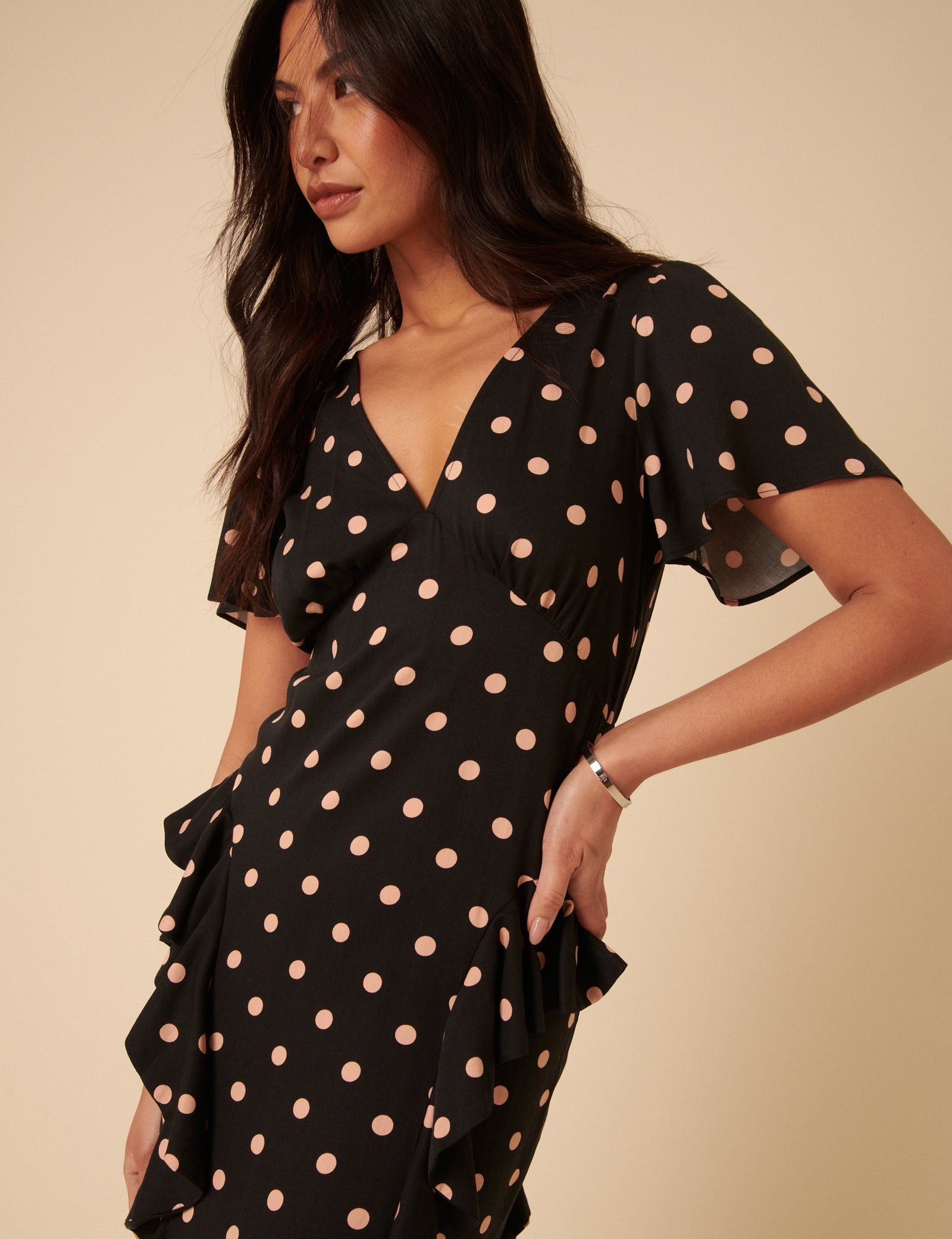 Black Polka Dot Ruffle Lyndsey Midi Dress Black Polka Dot Ruffle Lyndsey Midi Dress