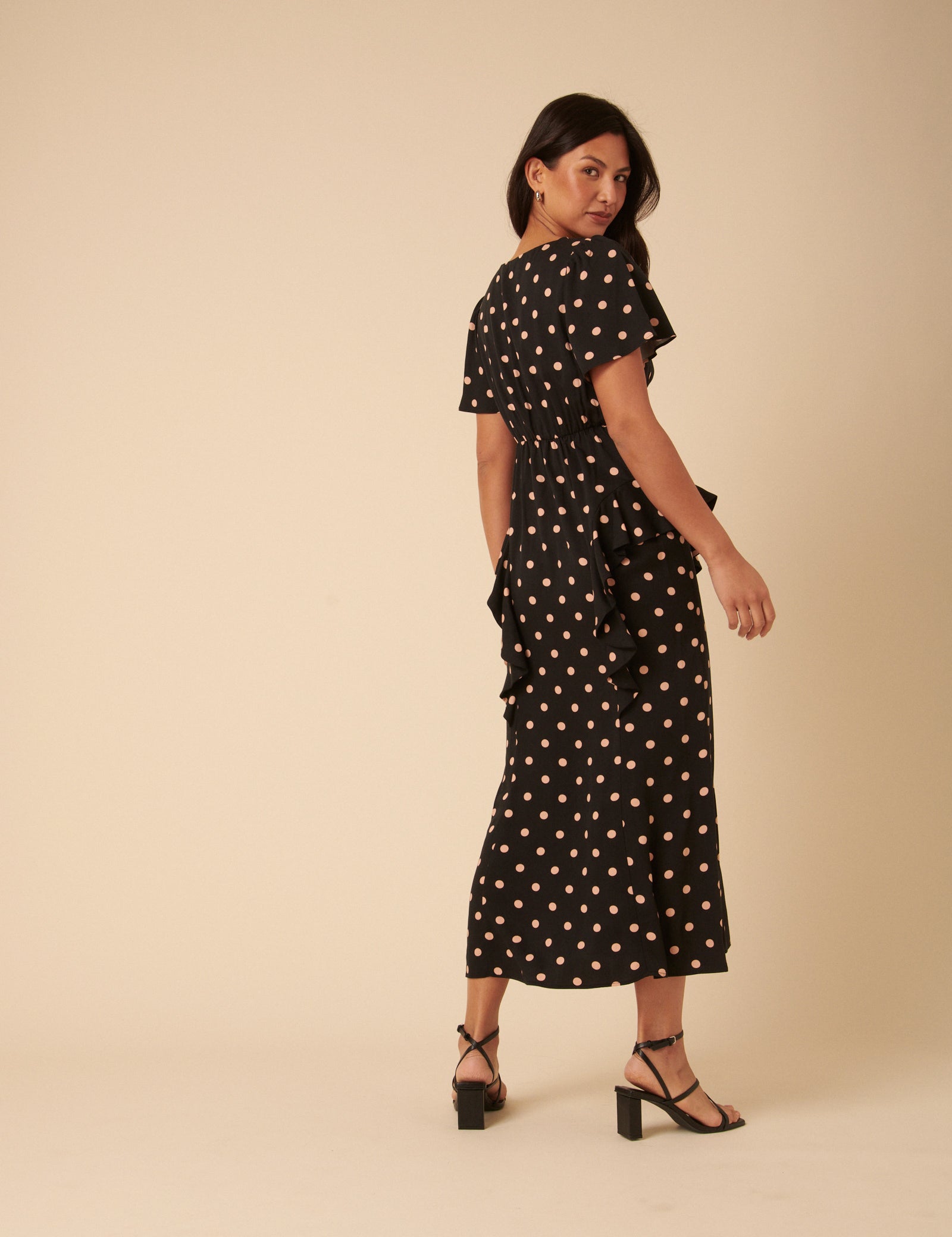 Black Polka Dot Ruffle Lyndsey Midi Dress Black Polka Dot Ruffle Lyndsey Midi Dress
