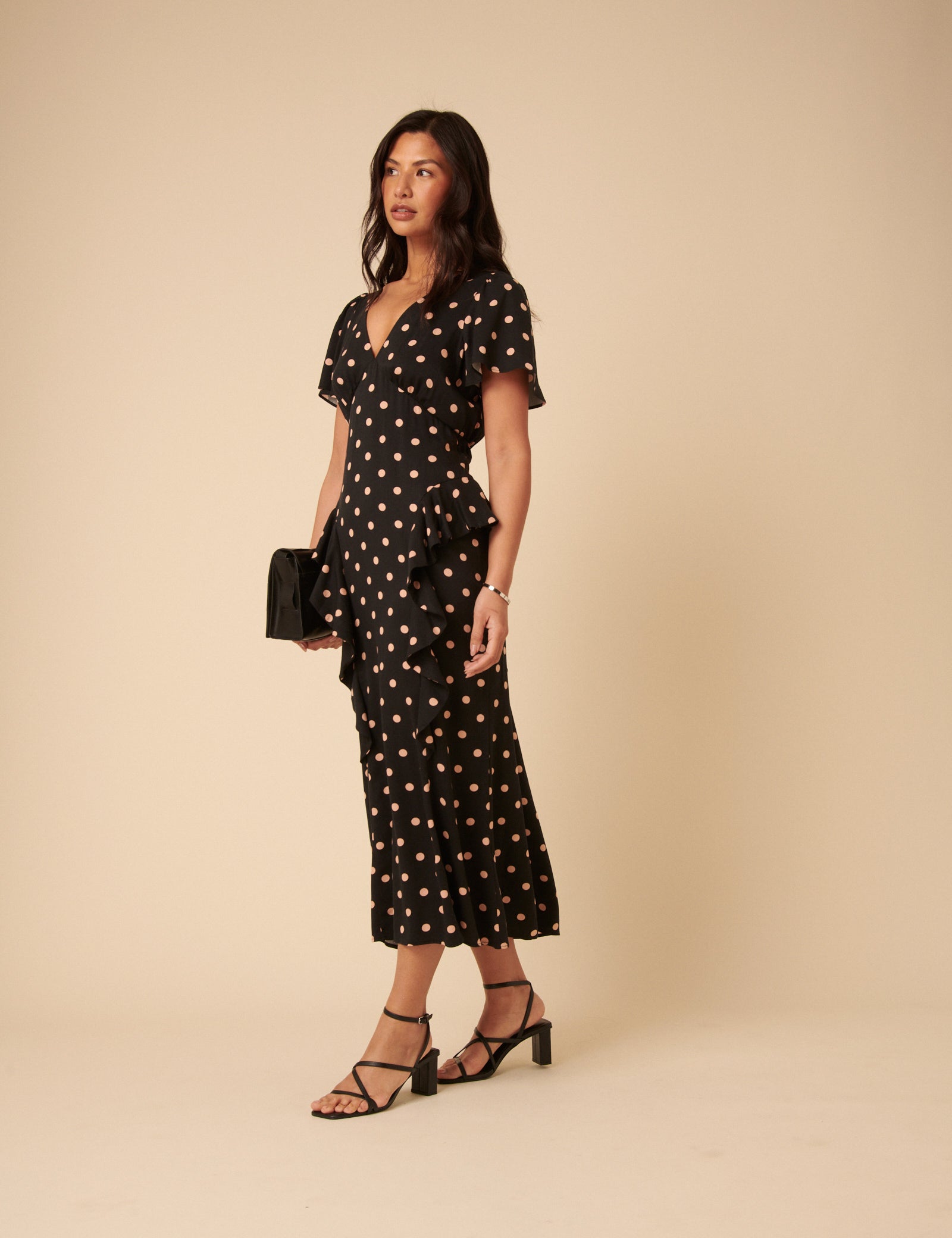 Black Polka Dot Ruffle Lyndsey Midi Dress Black Polka Dot Ruffle Lyndsey Midi Dress