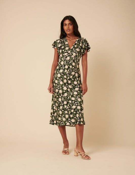 Black Floral Frill Sleeve Martha Midi Dress Black Floral Frill Sleeve Martha Midi Dress