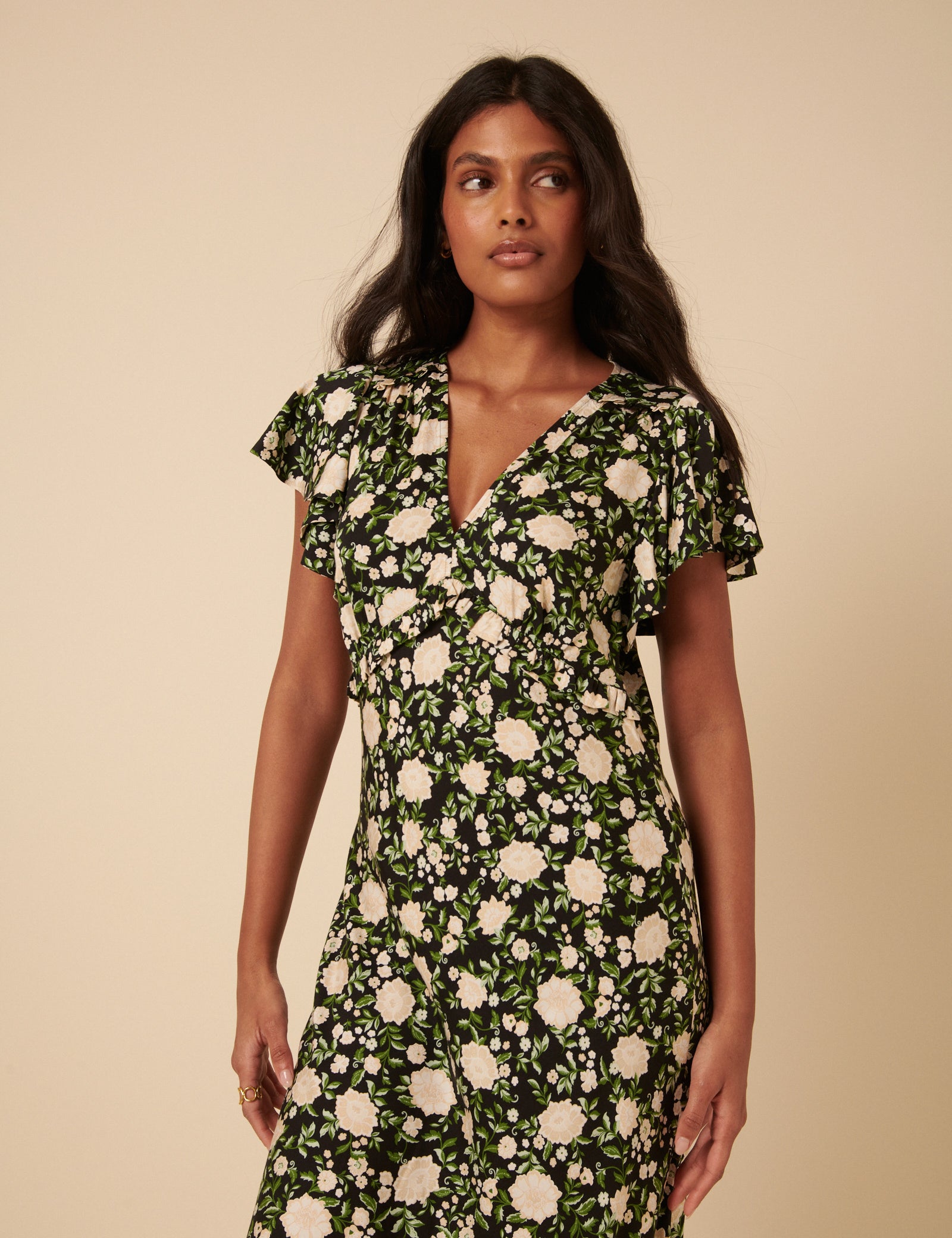 Black Floral Frill Sleeve Martha Midi Dress Black Floral Frill Sleeve Martha Midi Dress