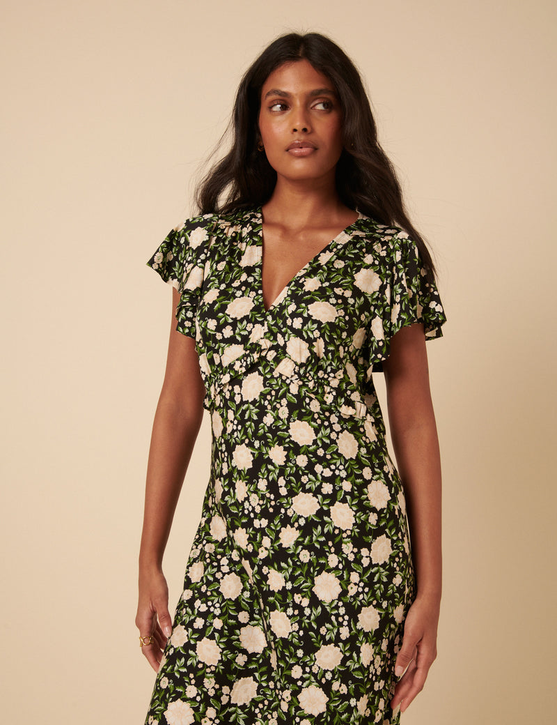 Black Floral Frill Sleeve Martha Midi Dress