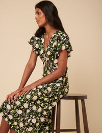 Black Floral Frill Sleeve Martha Midi Dress