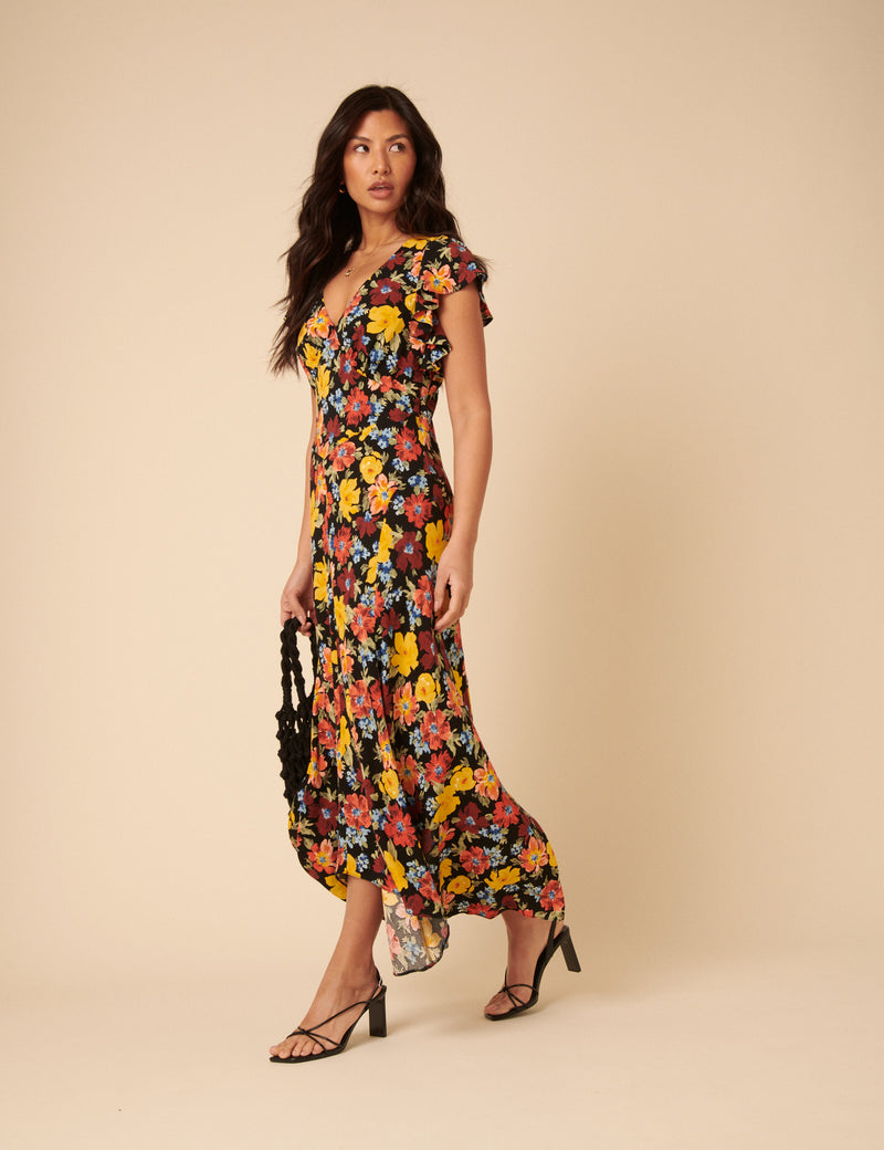 Black Floral Loubelle Midi Dress