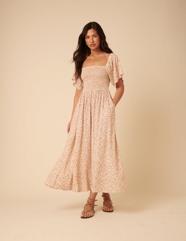 Cream Ditsy Floral Bella Midi Dress