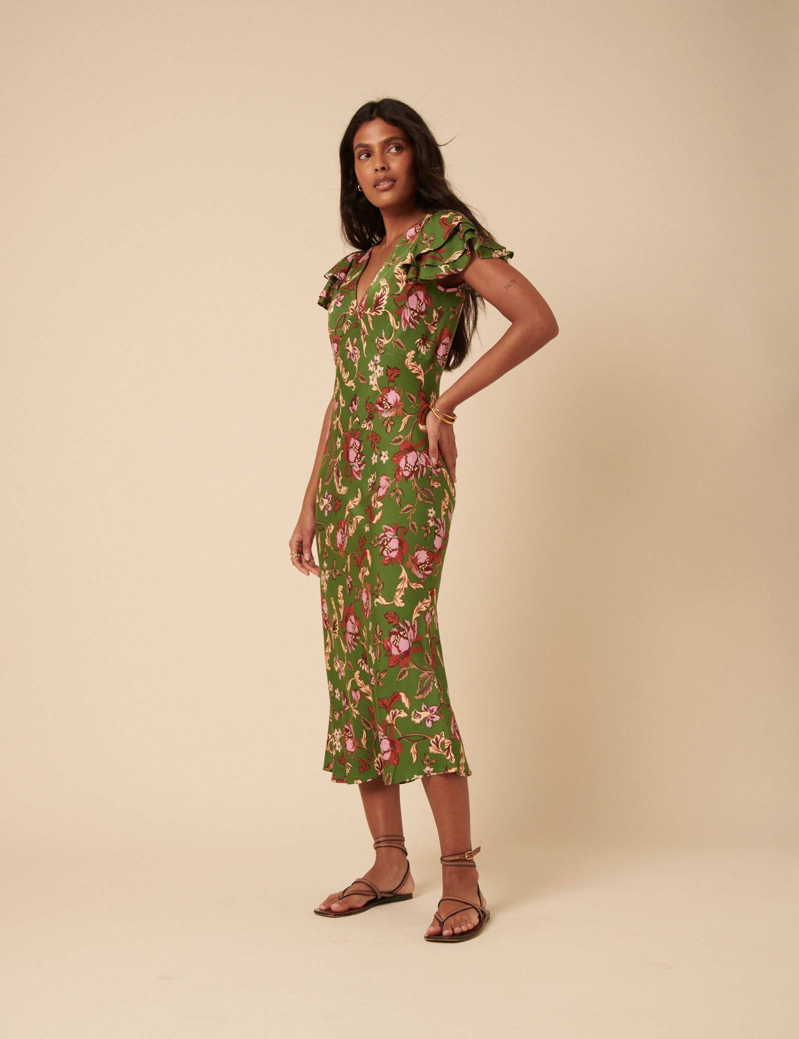 Green Floral Frill Sleeve Layla Midi Dress Green Floral Frill Sleeve Layla Midi Dress