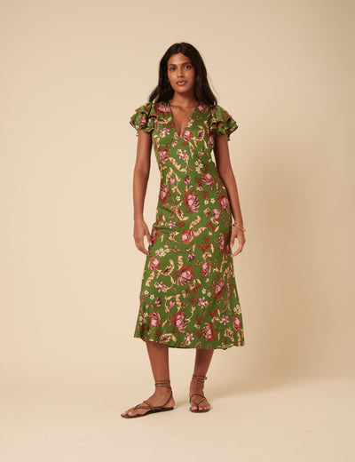Green Floral Frill Sleeve Layla Midi Dress