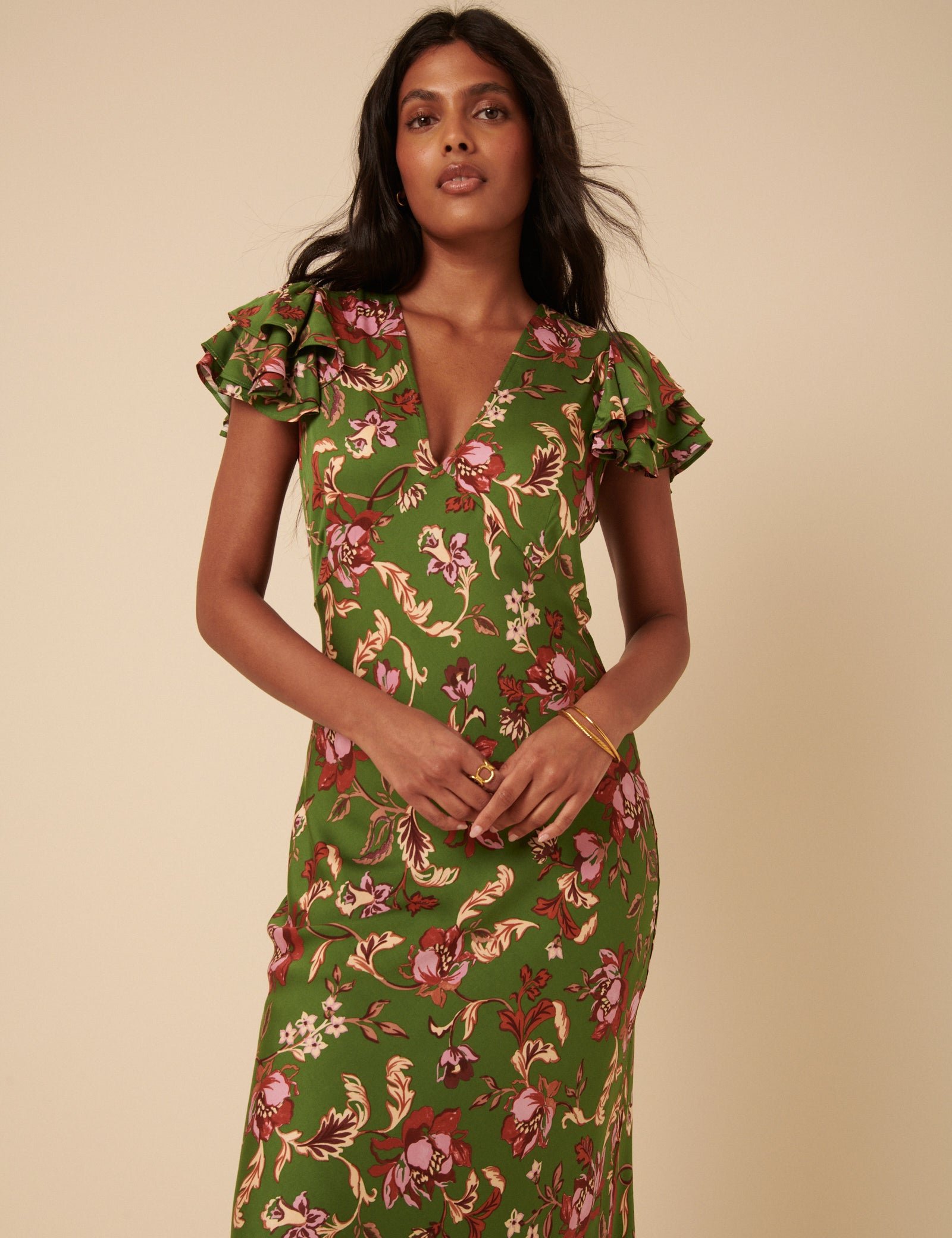 Green Floral Frill Sleeve Layla Midi Dress Green Floral Frill Sleeve Layla Midi Dress