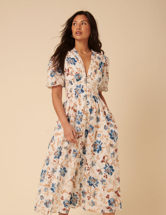 blue stripe floral embroidered starlight midi dress Nobody's Child Stripe Floral Embroidered Starlight Midi Dress in Natural