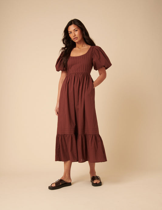Brown Puff Sleeve Mimi Midi Dress Brown Puff Sleeve Mimi Midi Dress